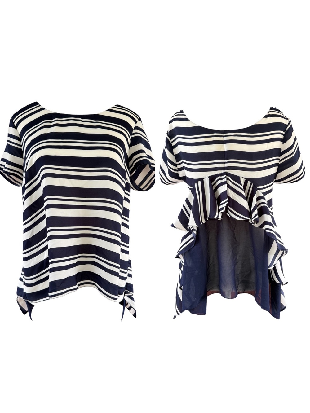 MAEVE {Anthropologie} Apropos Navy Striped Ruffle Back Sheer Blouse